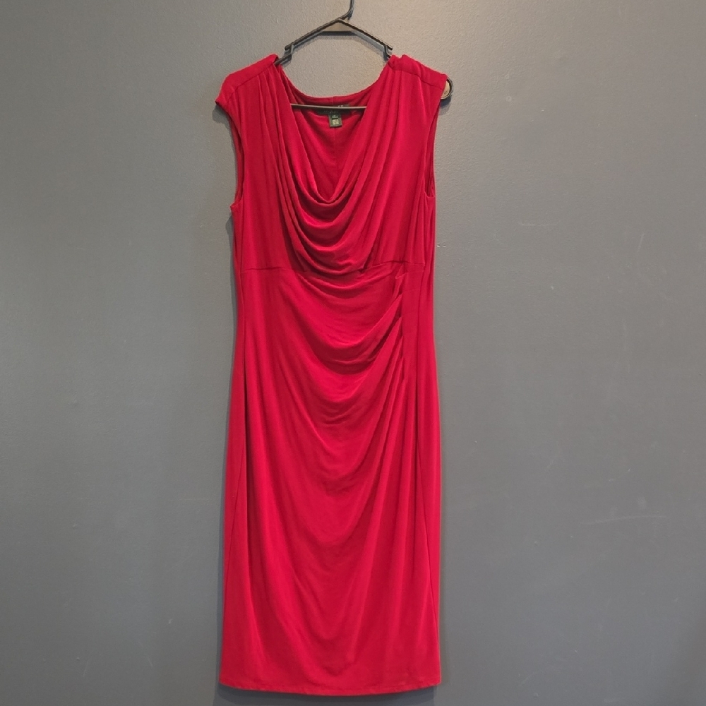 Ralph Lauren Red Sheath Midi Dress with Cowl Neck